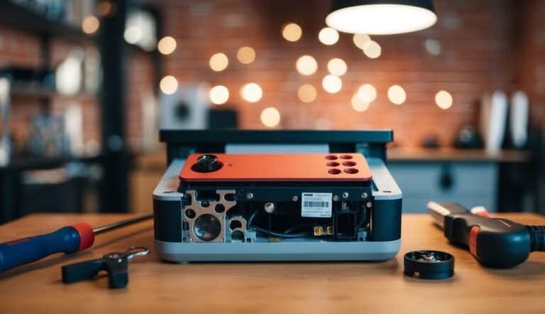 Disassembled electronic device with tools on a wooden table, workshop setting