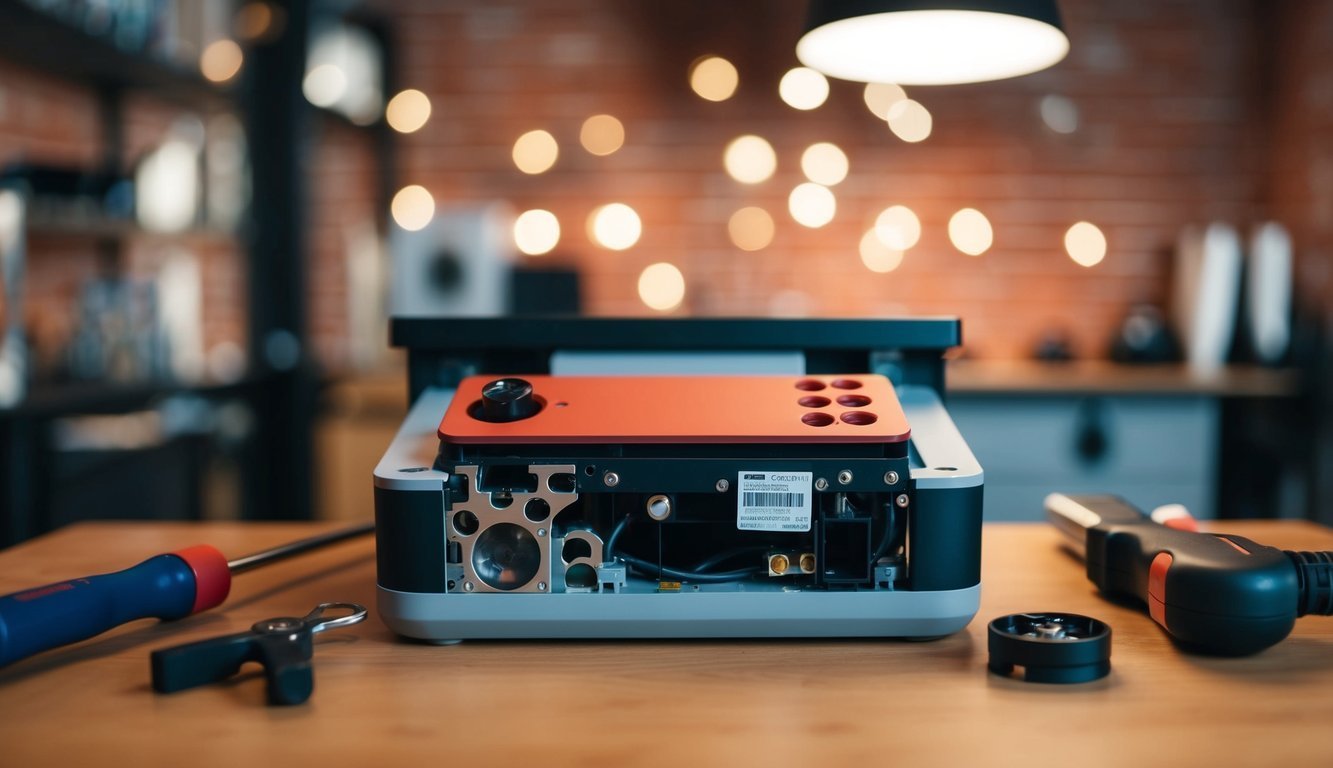 Disassembled electronic device with tools on a wooden table, workshop setting