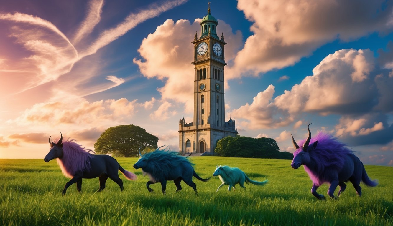 Four fantastical creatures run across a grassy field toward a clock tower
