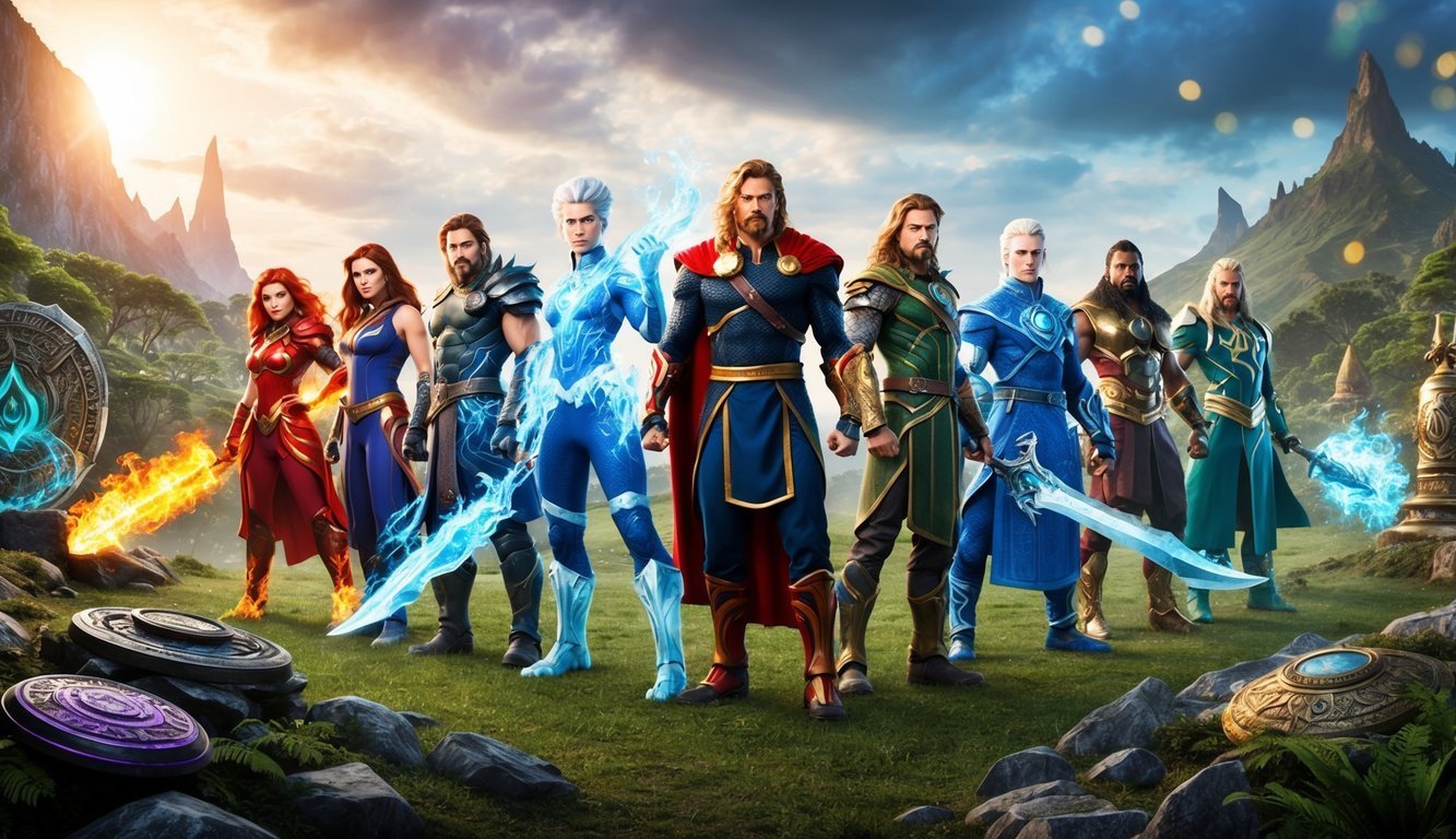 Group of fantasy heroes with glowing weapons standing in a field
