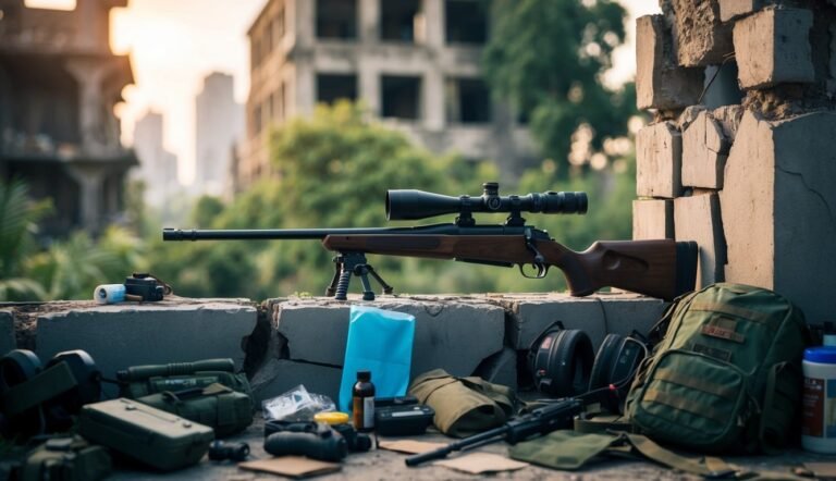 Sniper rifle with scope on a wall, surrounded by gear and urban background