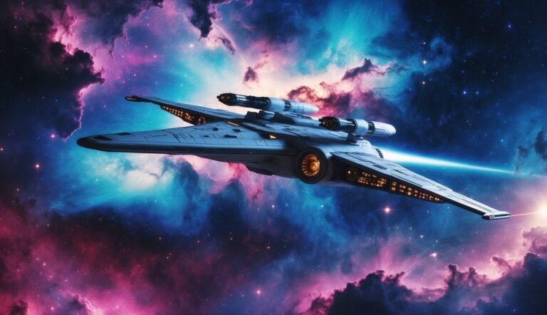 Spaceship flying through a colorful nebula in outer space