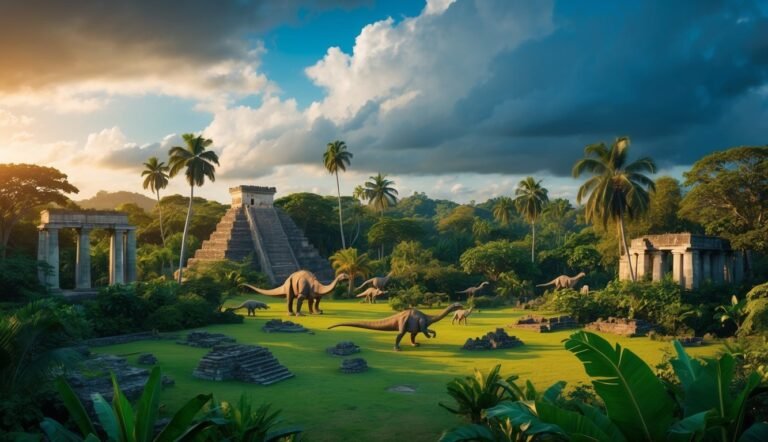 Dinosaurs roam ancient ruins with a pyramid and palm trees