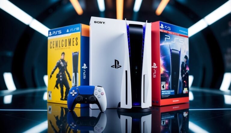PlayStation 5 console with game boxes and a blue and white controller