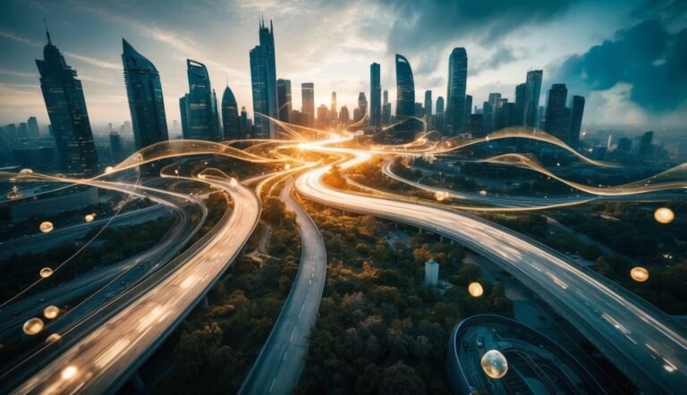 Futuristic cityscape with highways, skyscrapers, and glowing energy lines