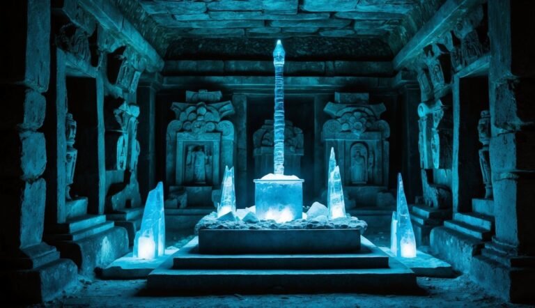 Blue-lit ancient temple with a glowing ice pillar and crystal formations