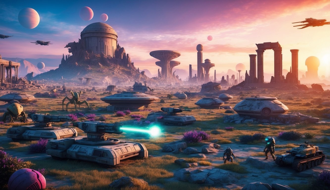 Sci-fi landscape with tanks, alien structures, and planets in the sky