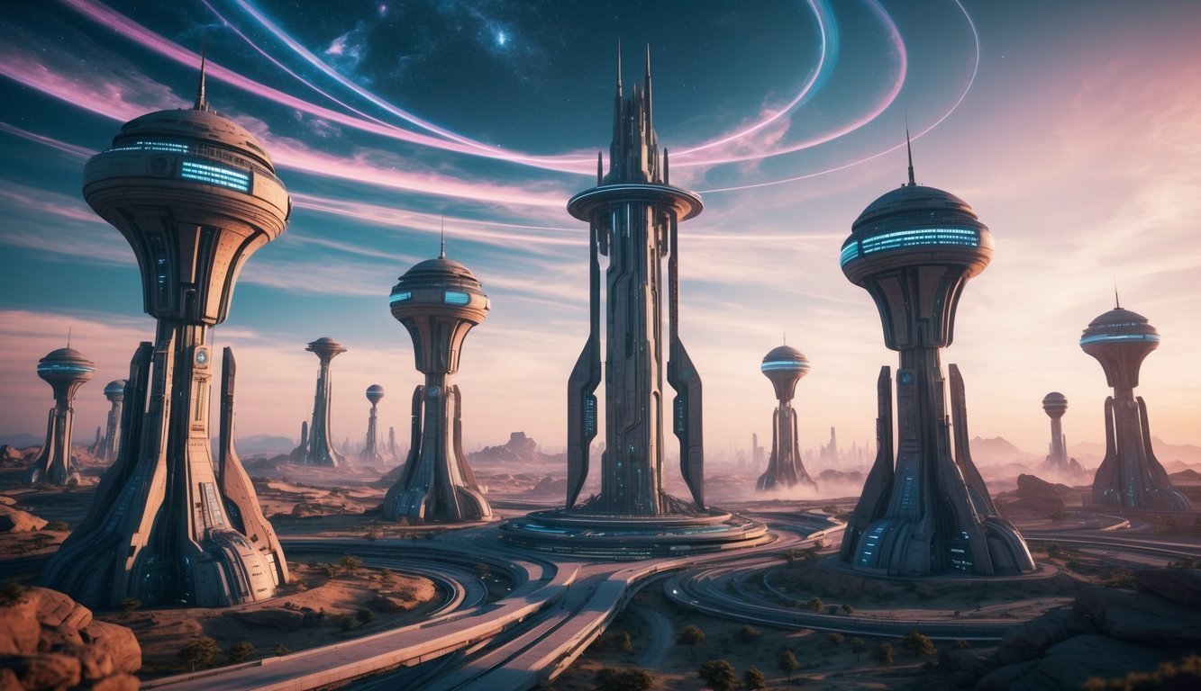 Futuristic city with tall, domed towers and a highway under a colorful sky