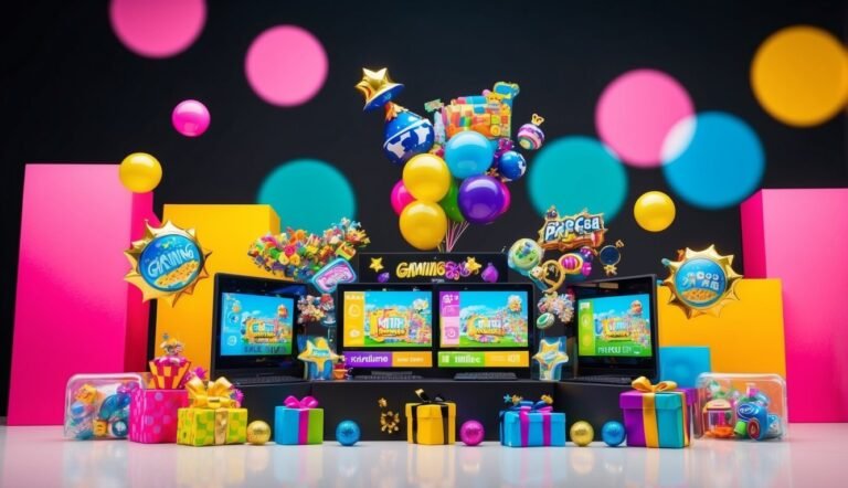 Gaming setup with laptops, balloons, gifts, and colorful decorations