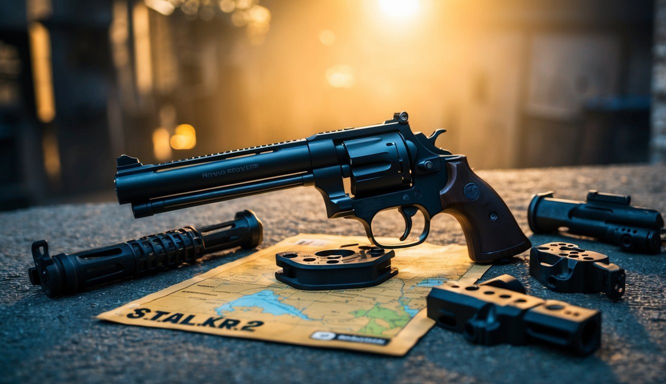Black revolver, attachments, and map on a concrete surface, lit dramatically