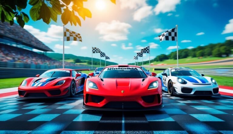 Race cars lined up on a checkered track with checkered flags
