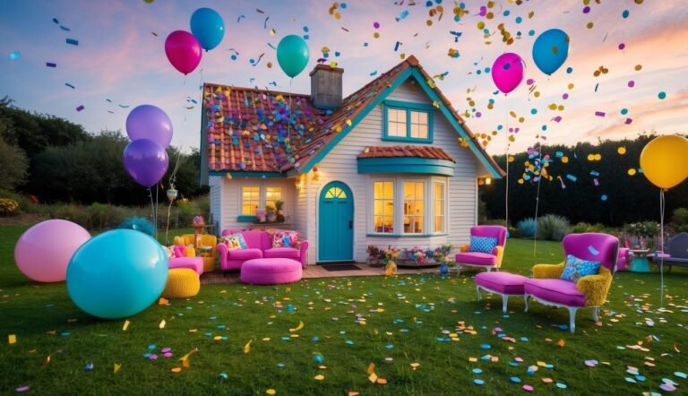 Whimsical house with balloons, confetti, and colorful outdoor furniture