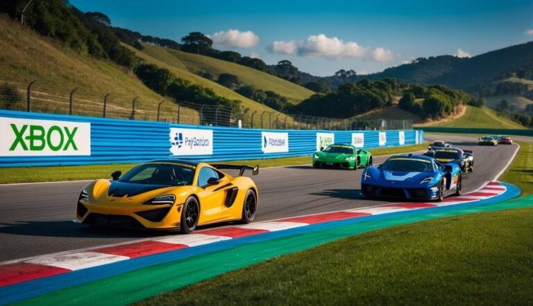 Race cars speeding around a track with green hills and blue sky