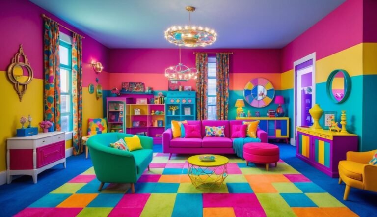Vibrant, colorful living room with pink sofa, green chair, and patterned rug