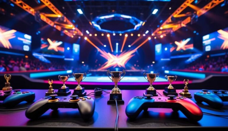 Gaming tournament stage with trophies, controllers, and a crowd