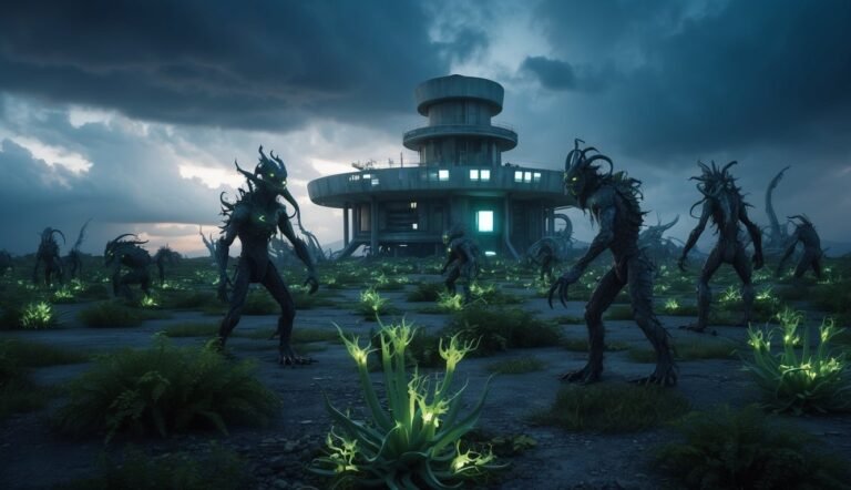 Alien creatures surround a futuristic building, glowing plants under a dark sky