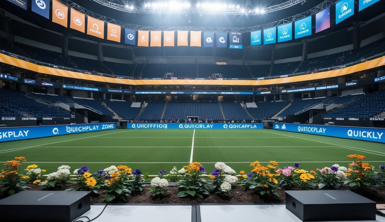Empty stadium with green field, banners, and flower bed in foreground