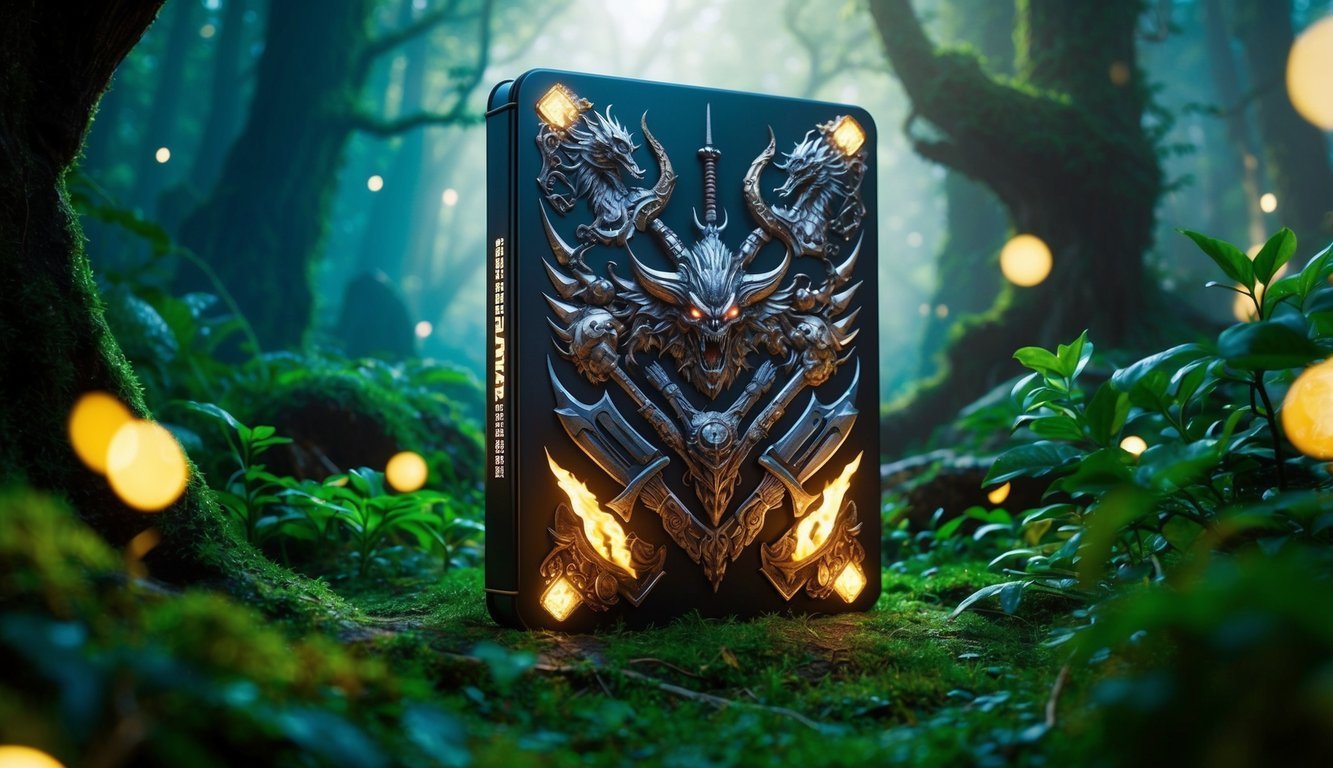 Black box with dragon and swords in a mystical forest setting