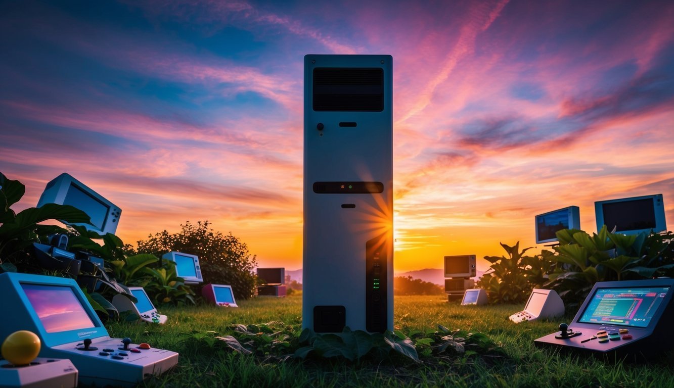 Tall computer tower surrounded by retro gaming consoles in a sunset field