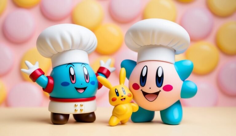 Squirtle, Kirby, and Pikachu figures wearing chef hats, smiling