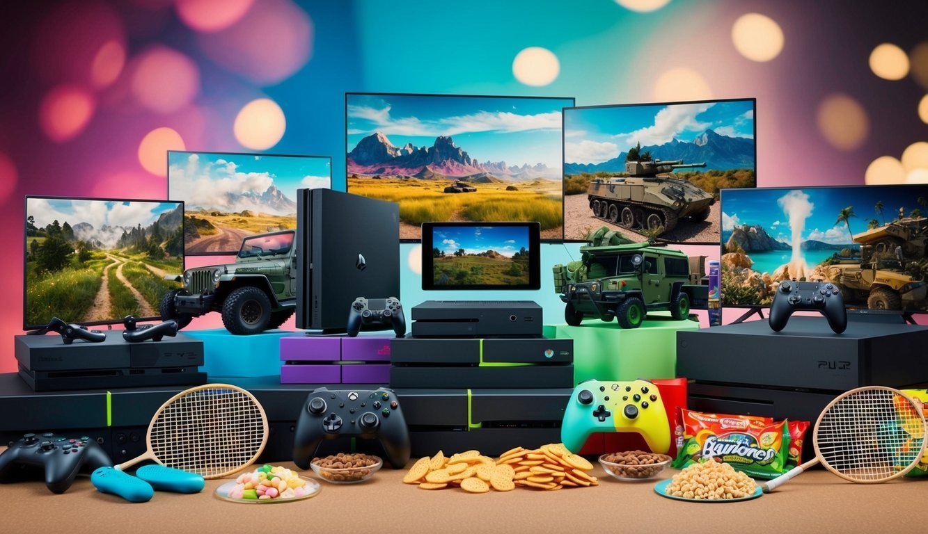 Gaming consoles, controllers, screens, snacks, and rackets arranged in a colorful display