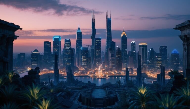 Futuristic cityscape at dusk, viewed from ancient ruins, with glowing skyscrapers
