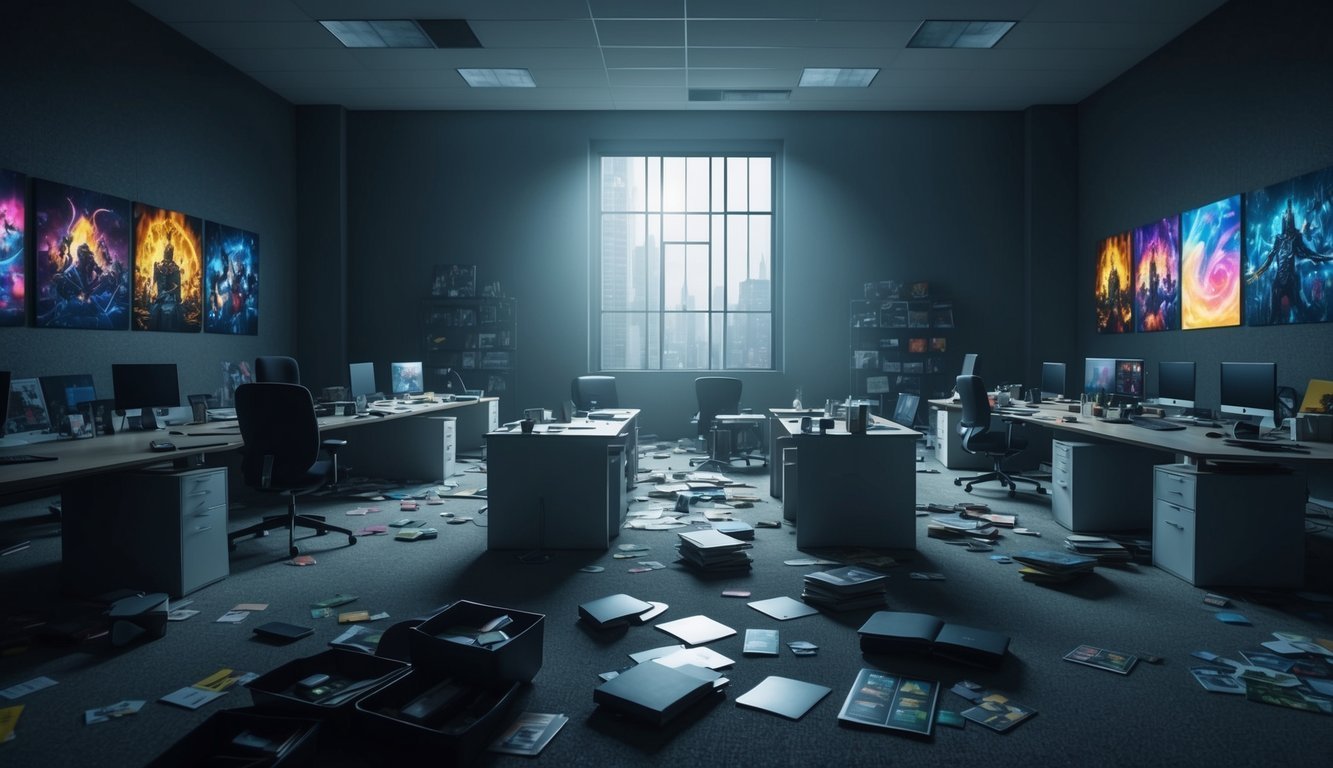 Messy office with computers, artwork, and papers scattered on the floor