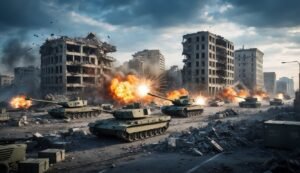 Tanks firing in a war-torn city with destroyed buildings and explosions