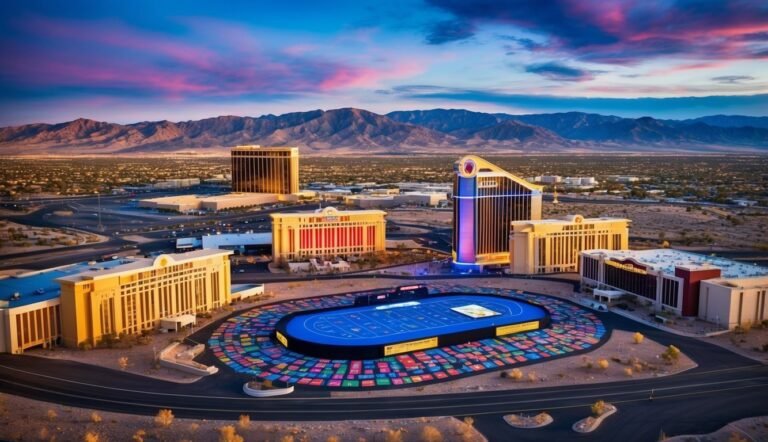 Aerial view of a casino complex with a colorful roulette table