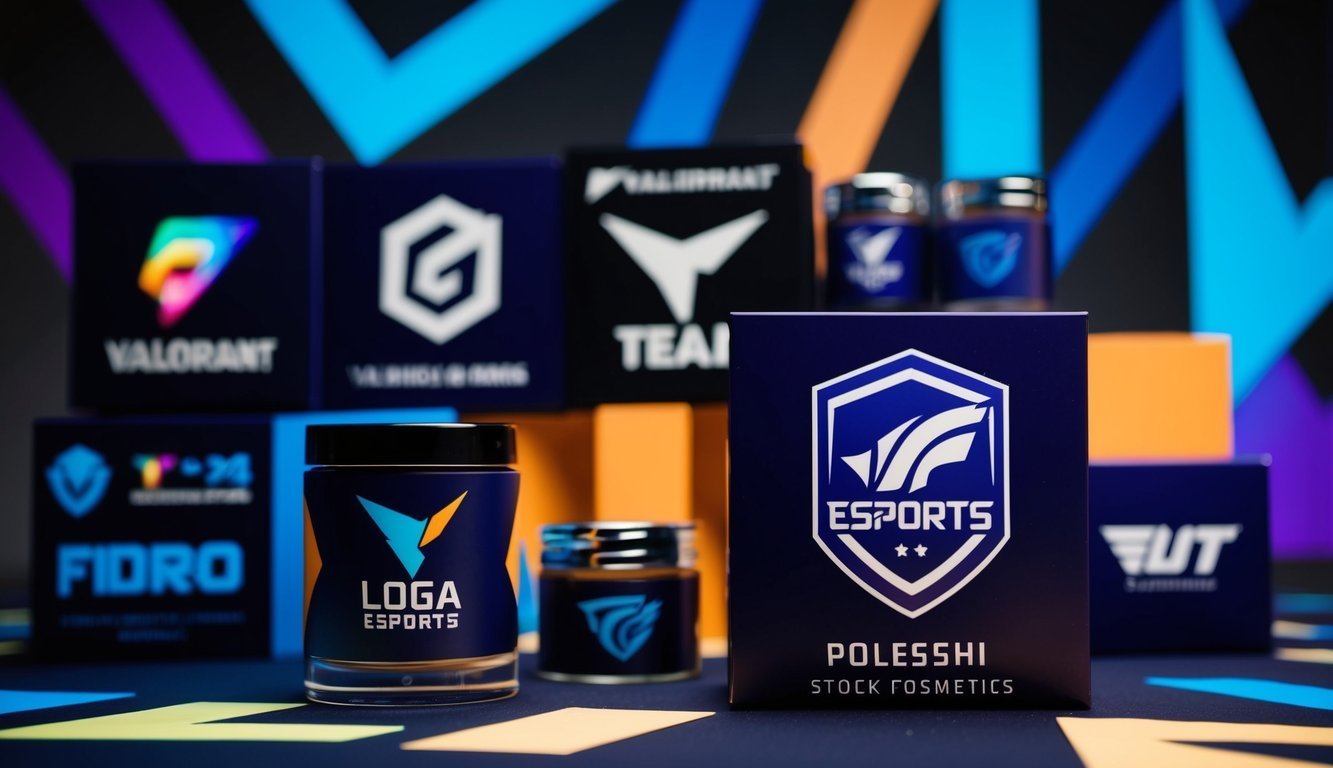 Various esports-branded cosmetic products arranged on a colorful, abstract background