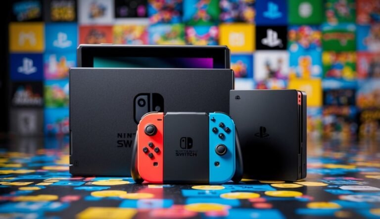 Nintendo Switch console with red and blue controllers, and a PlayStation