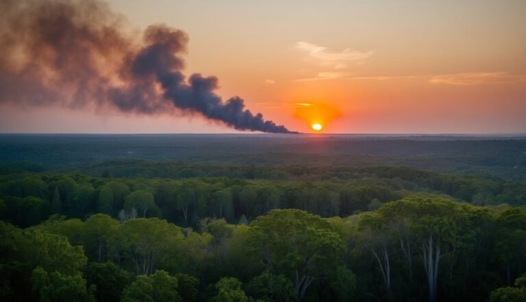Sunset over forest with smoke plume rising from the horizon