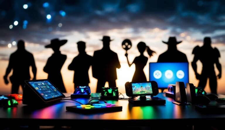 Silhouetted figures stand behind gaming devices on a table at sunset