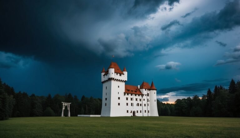 White castle with red roofs under a dramatic, stormy sky