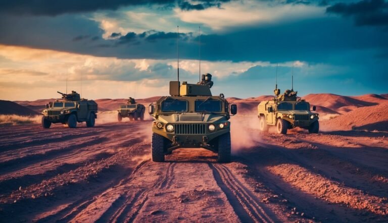 Four military Humvees driving on a desert road, with soldiers and weapons