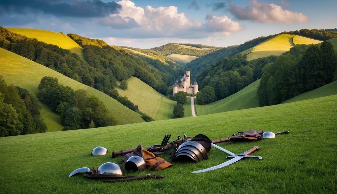Medieval armor and weapons lie on a grassy hill overlooking a castle