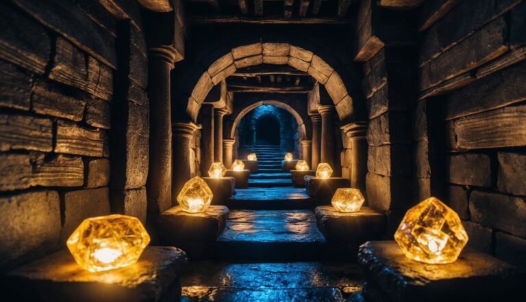 Stone corridor with glowing crystals illuminating the path ahead
