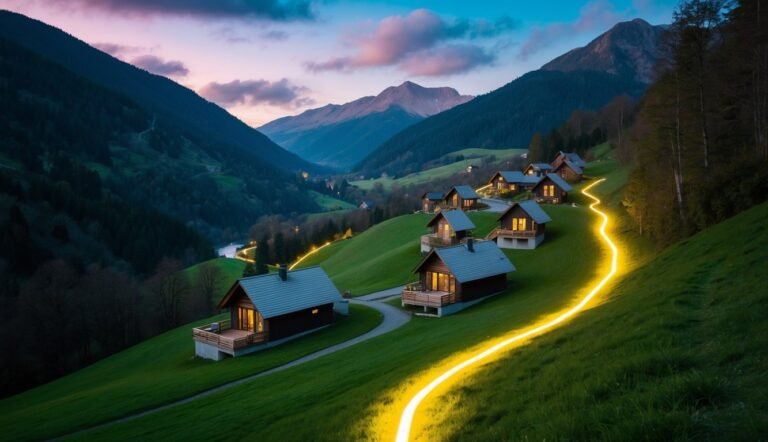Mountain cabins with glowing lights on a hillside, illuminated path at dusk
