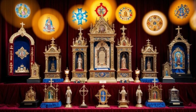 Ornate religious display with statues, icons, and golden frames on a red table