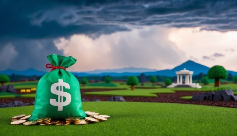 Green money bag with dollar sign and coins on a grassy field