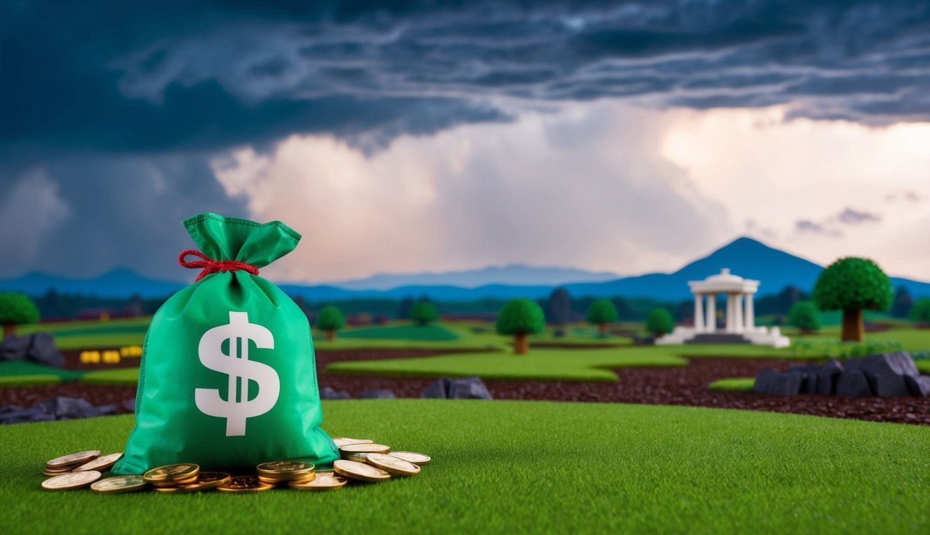 Green money bag with dollar sign and coins on a grassy field