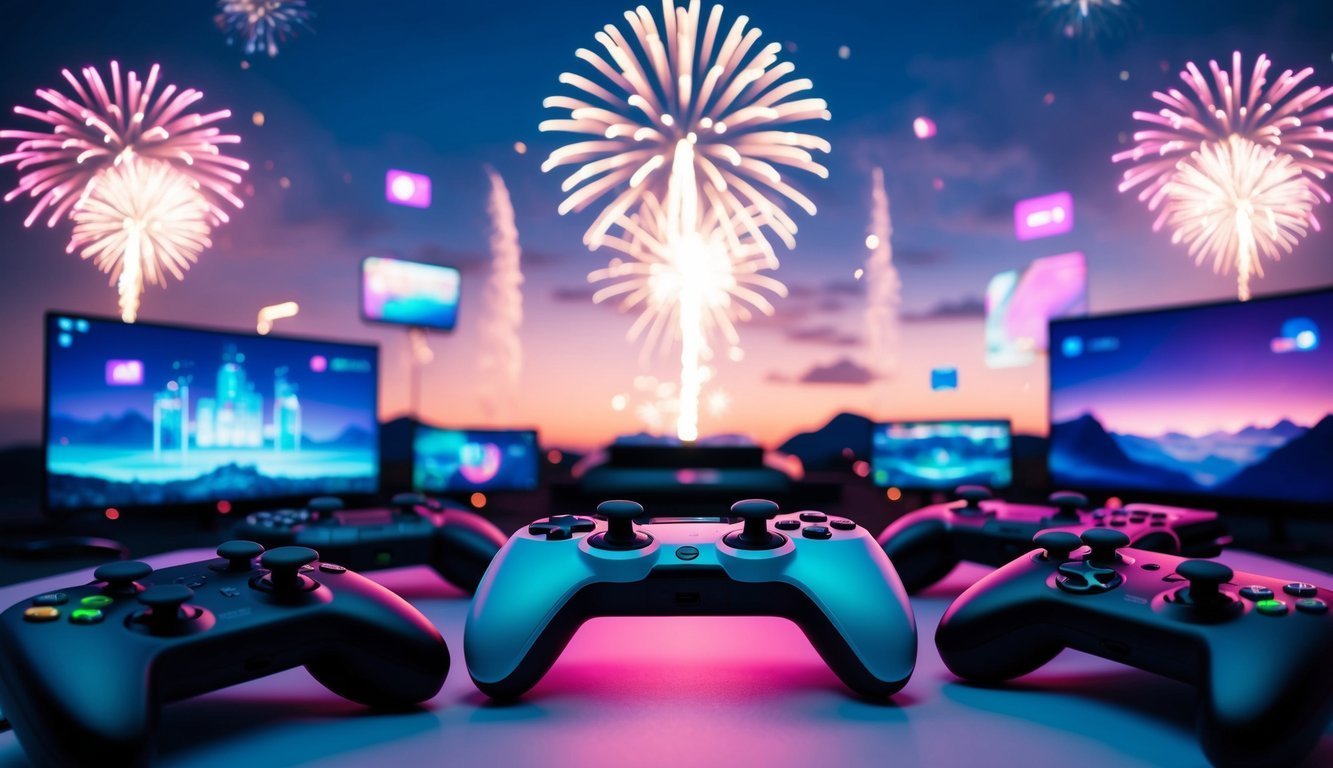 Gaming controllers, monitors, and fireworks at night