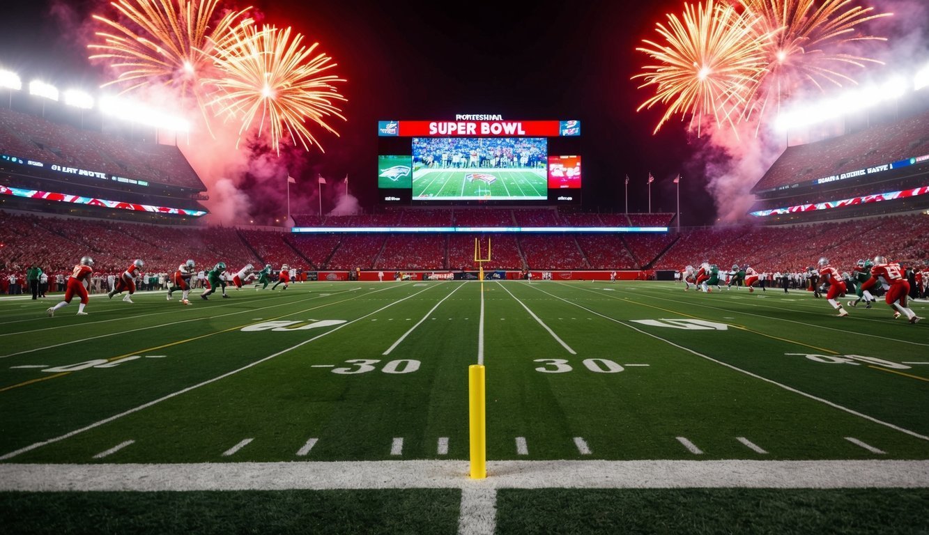 Super Bowl football game with fireworks over the stadium at night
