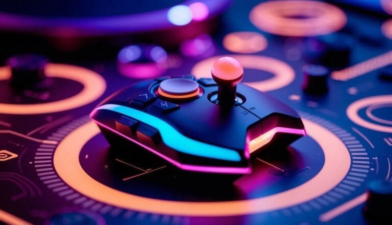 Gaming controller with neon lights and a joystick on a circuit board