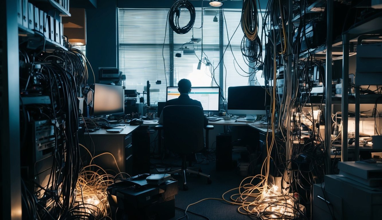 Person working at a computer in a room filled with tangled wires