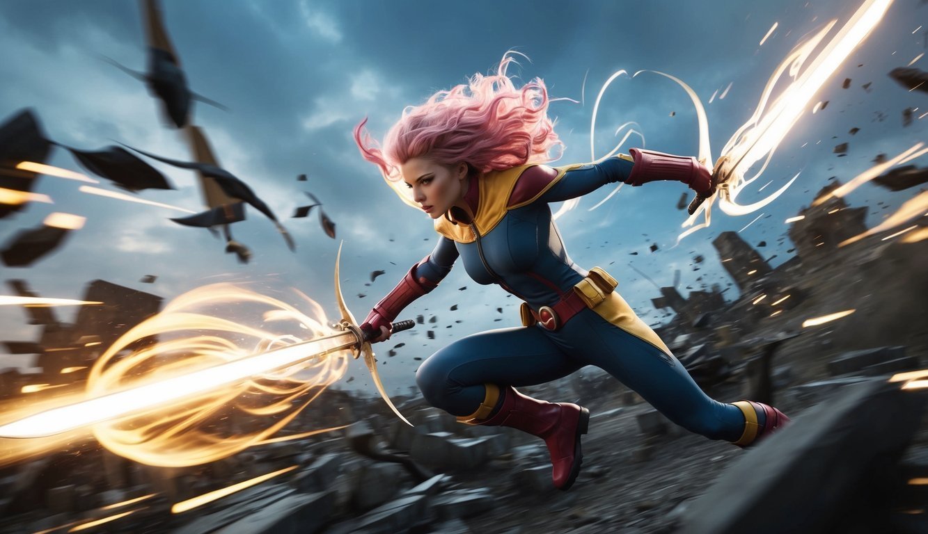 Superheroine with pink hair wielding glowing swords in a battle scene