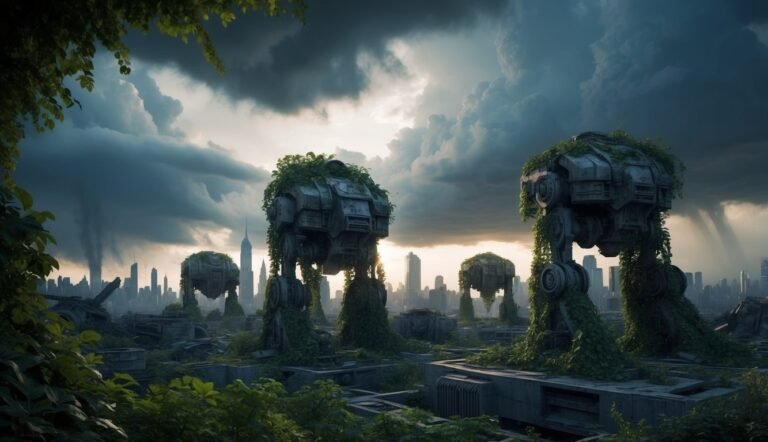 Overgrown AT-AT walkers in a post-apocalyptic New York City landscape
