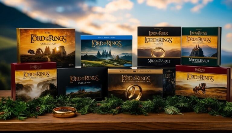 Lord of the Rings movie collection boxes with a gold ring and greenery