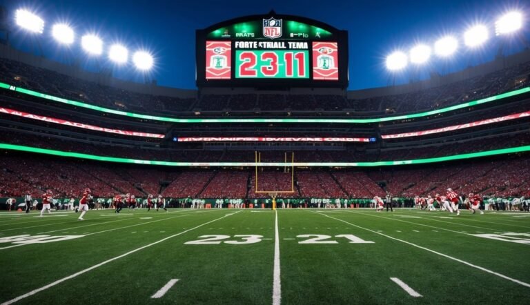 Football game in a stadium with scoreboard showing the score