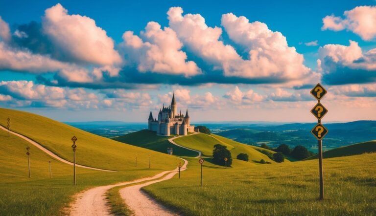 Castle on a hill with question mark signs and a winding road